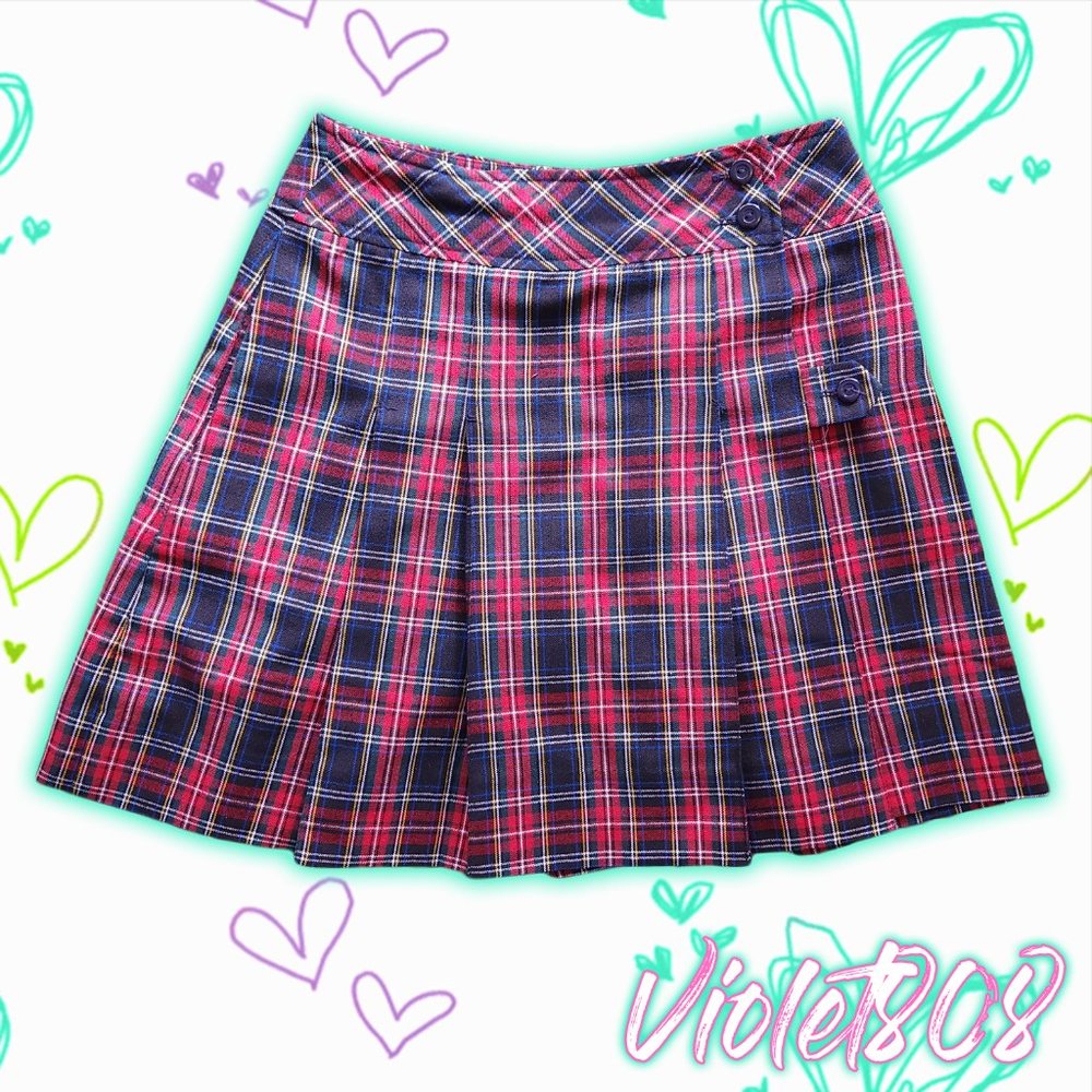 [M] Vintage Schoolbelles Red/Black Pleated Plaid Mini Skirt/Kilt